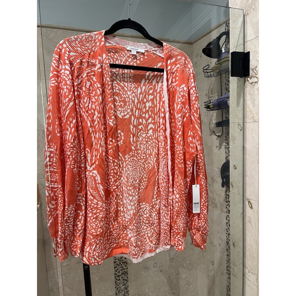 Chico's Mosaic Ottoman Cardigan Sweater Orange Blossom White Size 2 L NWT